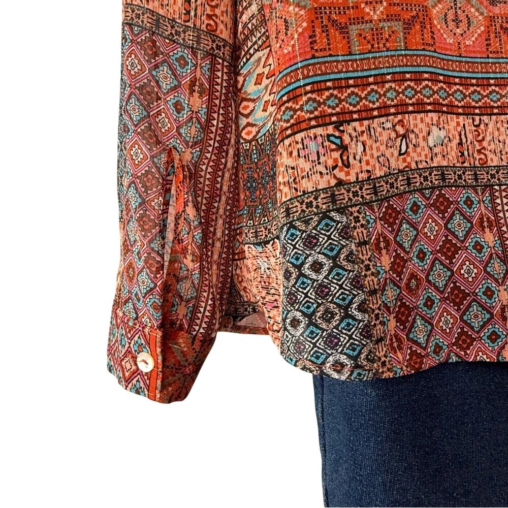 Pale Sky Orange Blue Bohemian style Top Silver threads Camisole Smocking V Neck - Picture 12 of 16